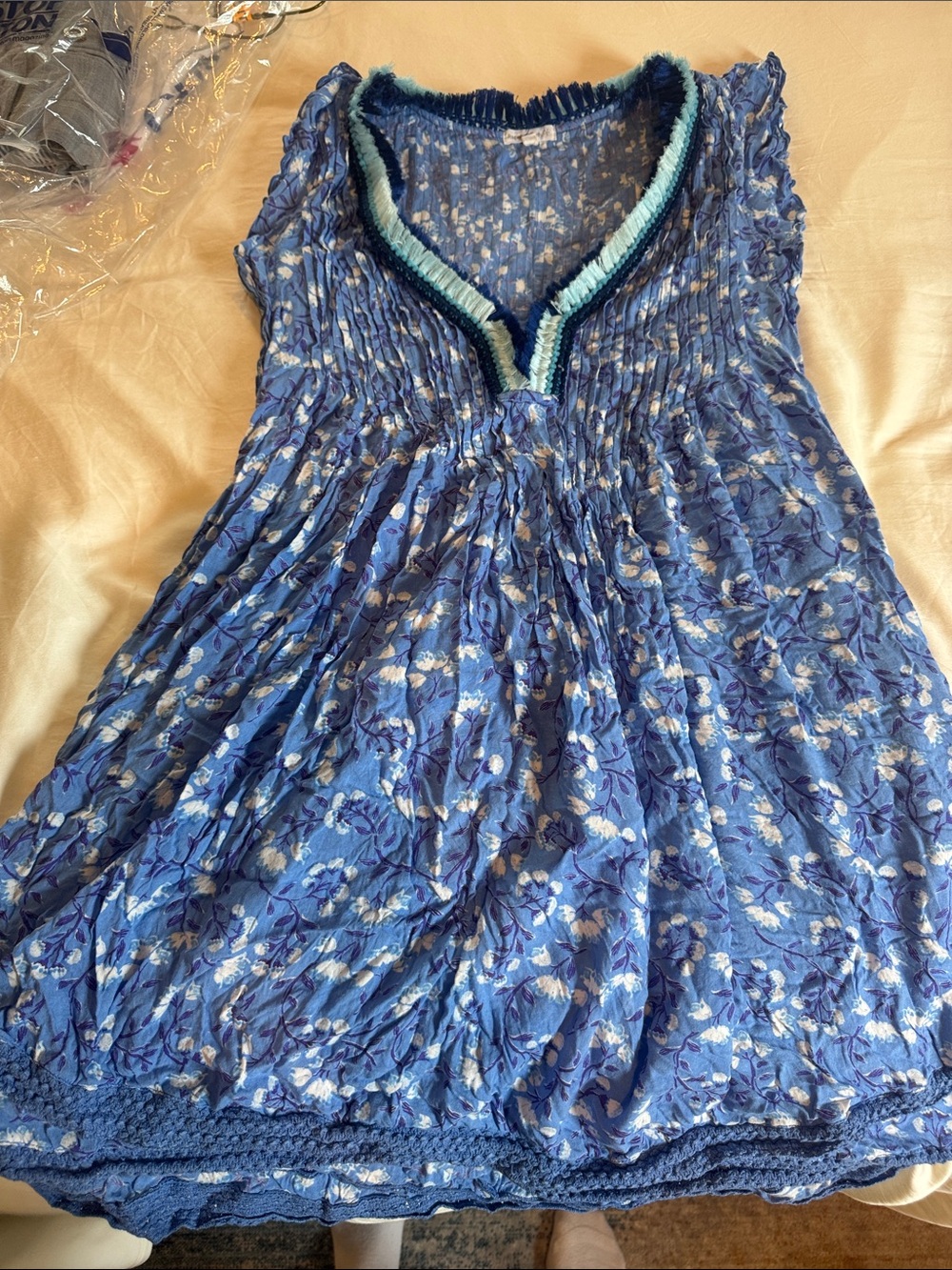 Poupette St. Barth Blue and Navy Floral Tassel-Trim Top